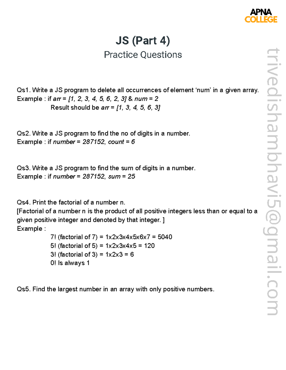JS (Part 4) Practice Qs: Array Manipulation & Factorials - Studocu