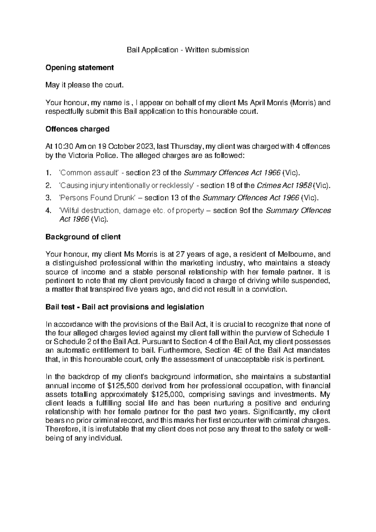LLW1001 - Bail Application - Detailed Written Submission - Studocu