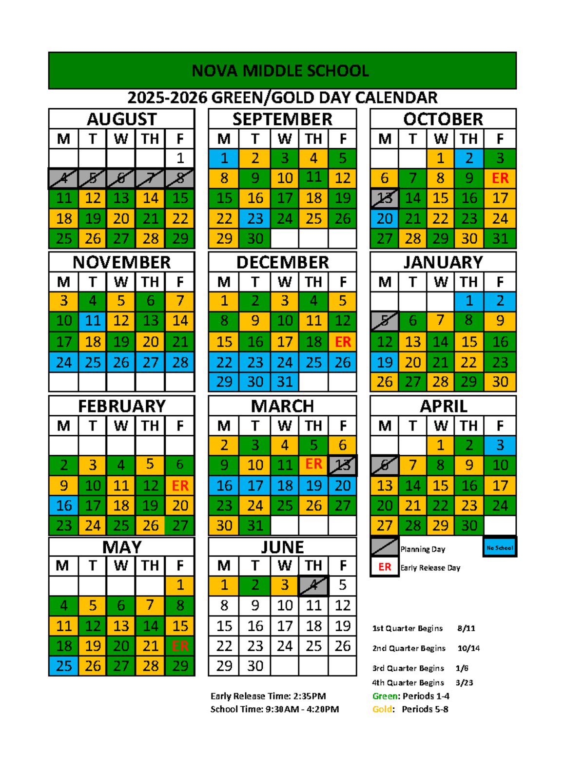 NOVA MIDDLE SCHOOL Green Gold Calendar 2025-2026 - Studocu