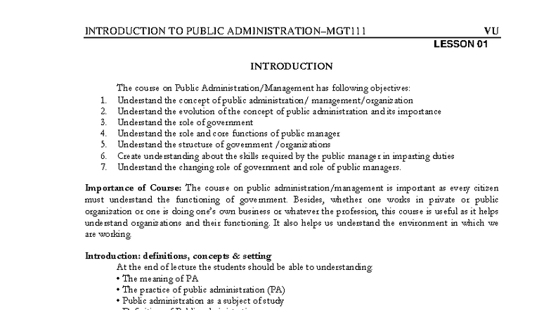 VU Public Administration Lesson 01: Introduction to Concepts and ...