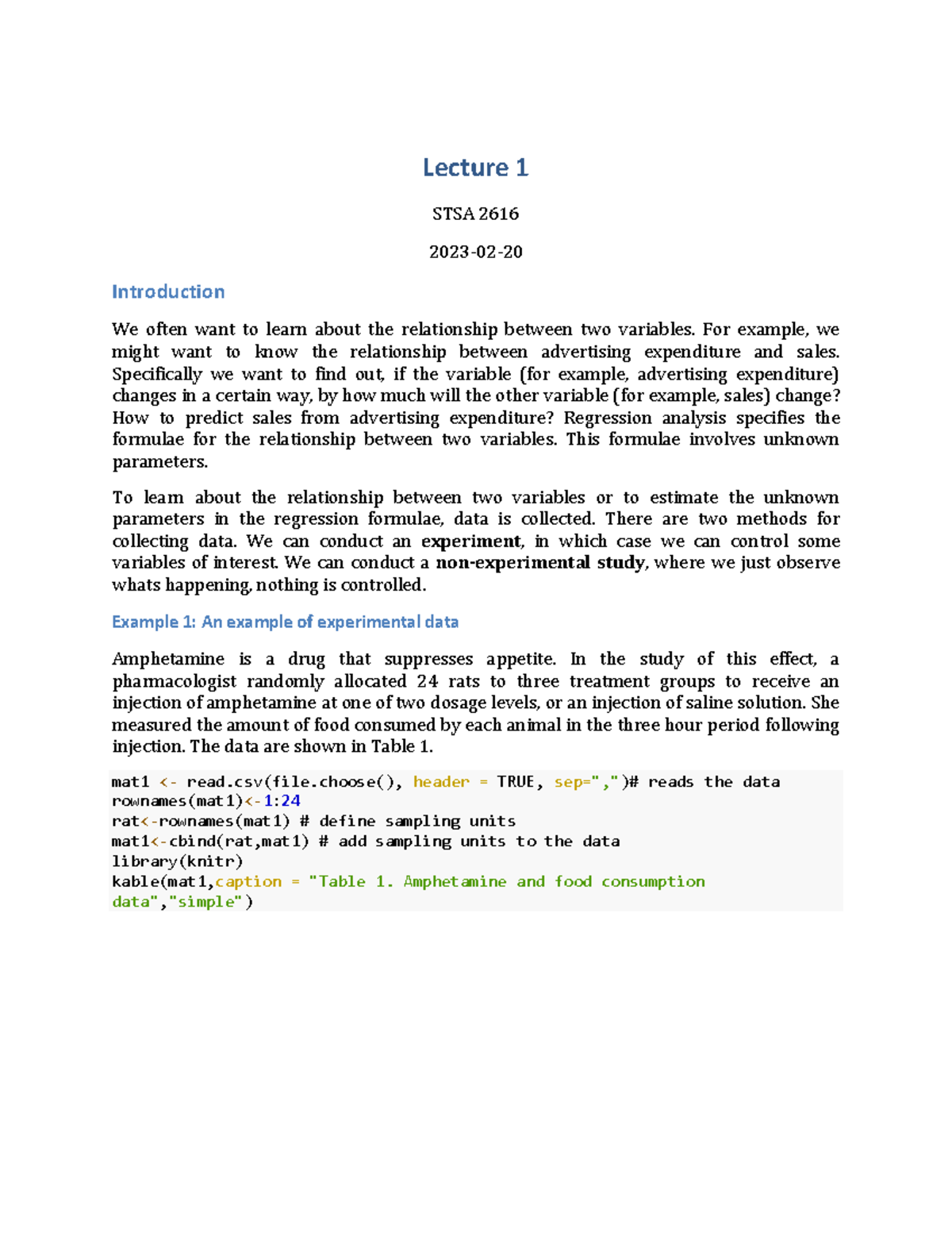 Lecture 1: Intro to Regression Analysis and Data Collection (STSA 2616 ...