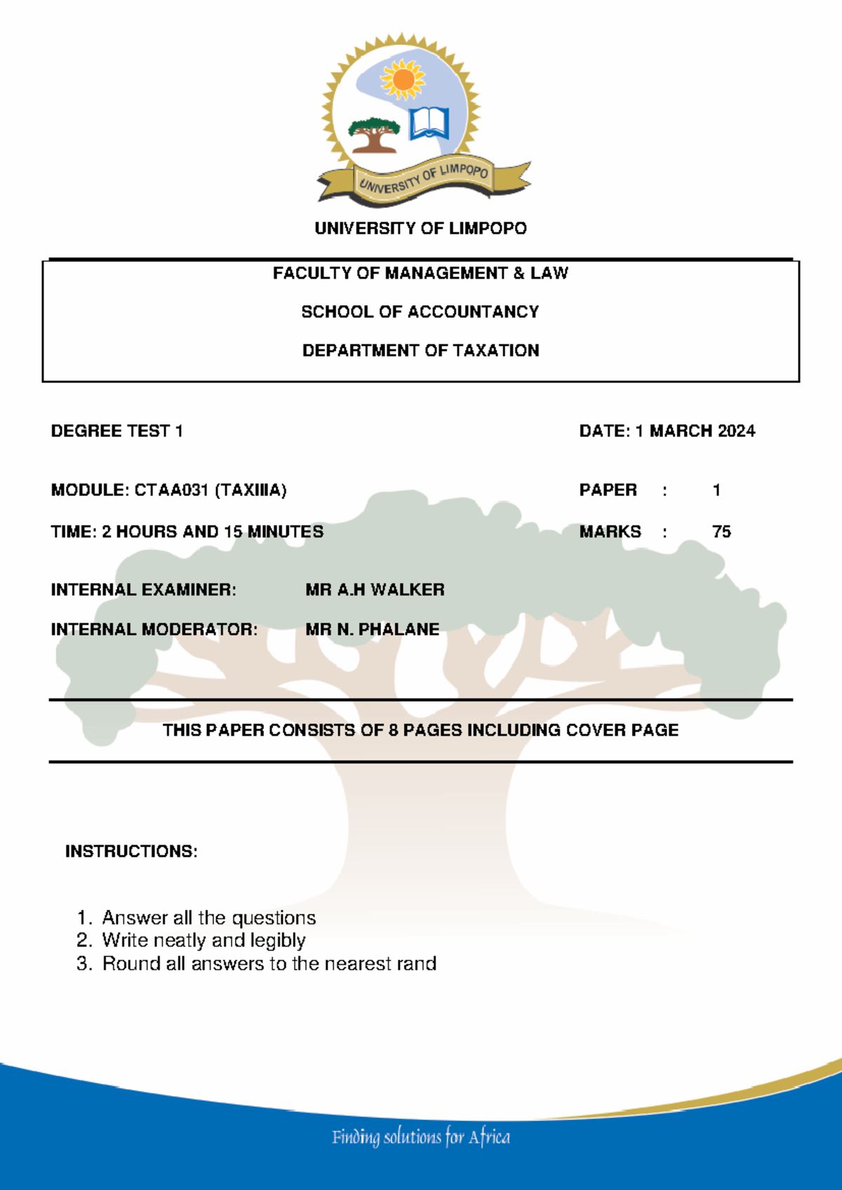 CTAA031 TEST 1 Final Exam - Past Papers & Solutions - Studocu