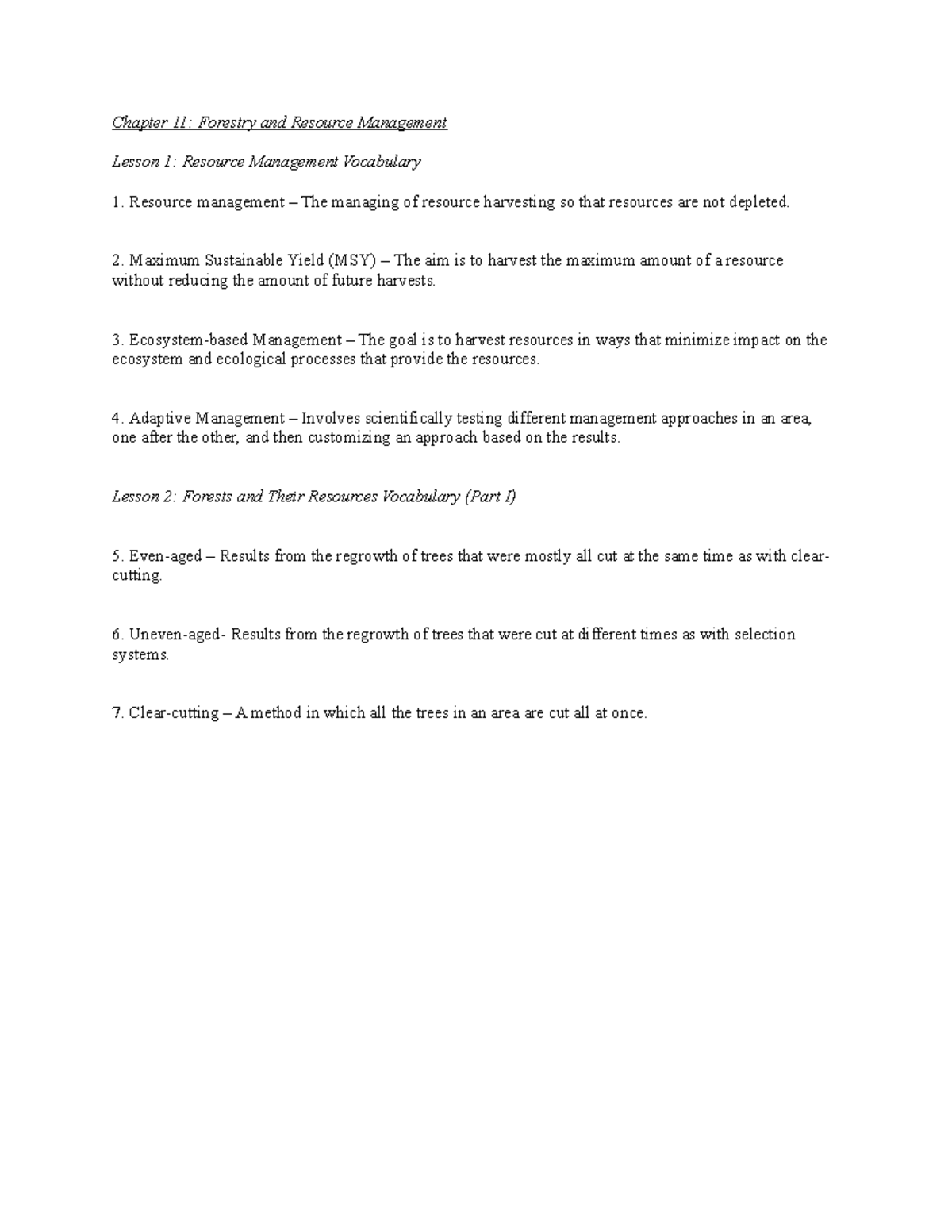 Chapter+11 Lesson+1+and+2+vocab - Chapter 11: Forestry and Resource ...