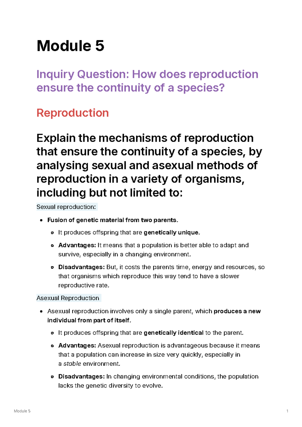 Module 5 - Reproductive Mechanisms and Genetic Variation - Studocu