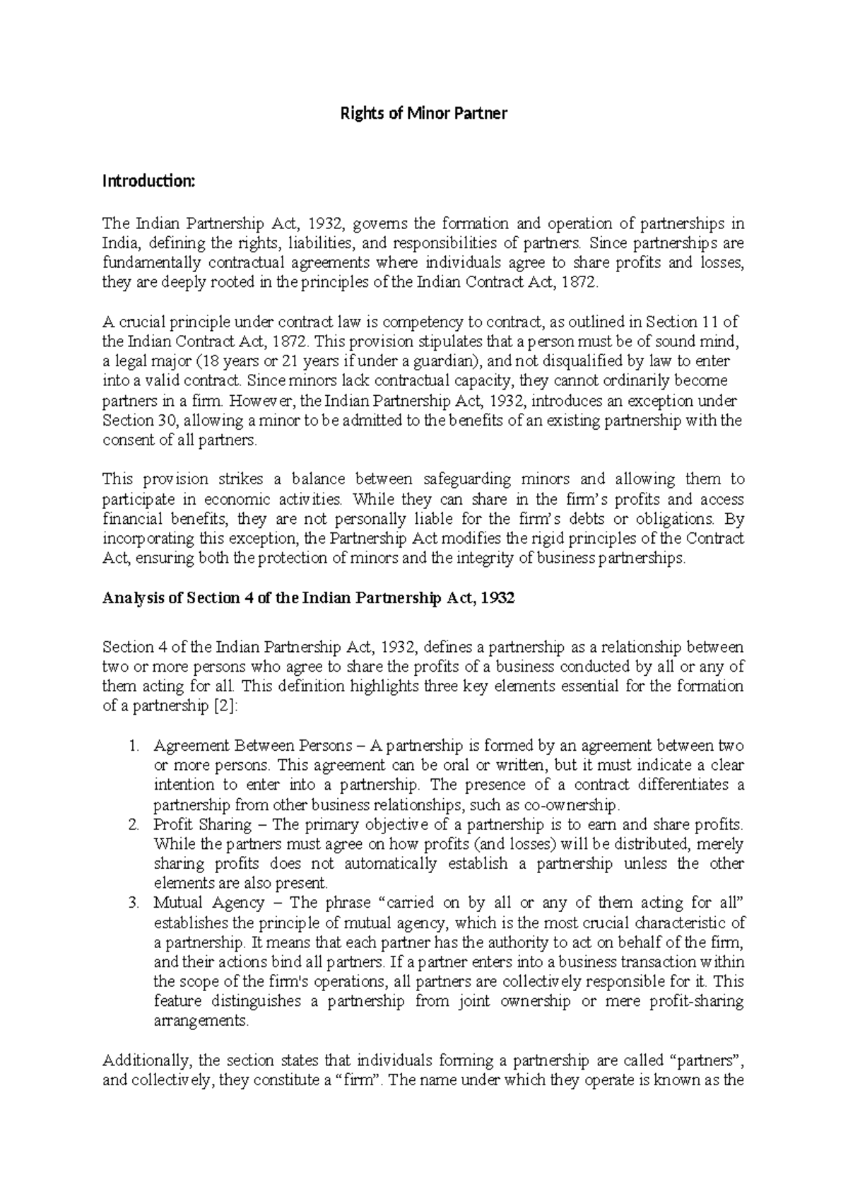 Rights of Minor Partners Under Indian Partnership Act, 1932 - Studocu