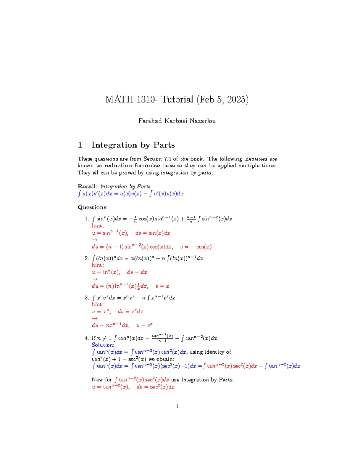 MATH1310M - Tutorial Notes on Integration by Parts (Feb 5) - Studocu