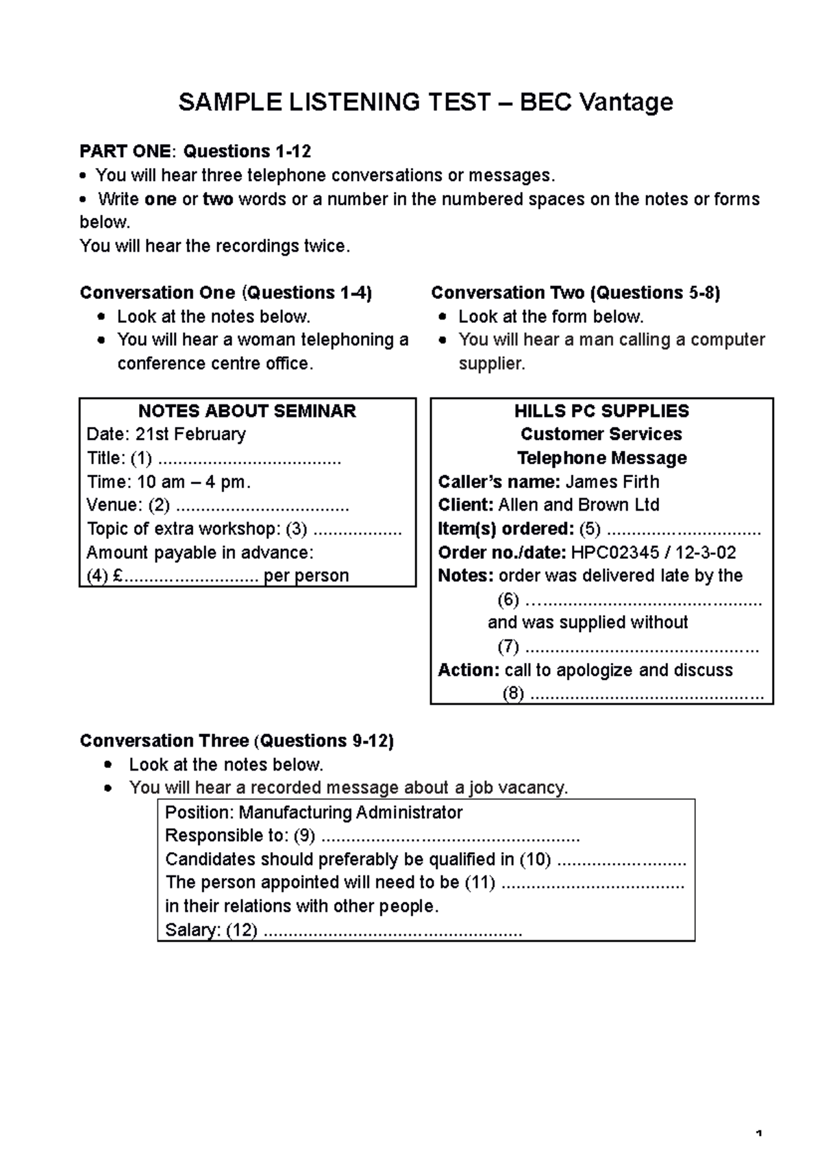 BEC Vantage Sample Listening Test: Practice Questions & Answers - Studocu