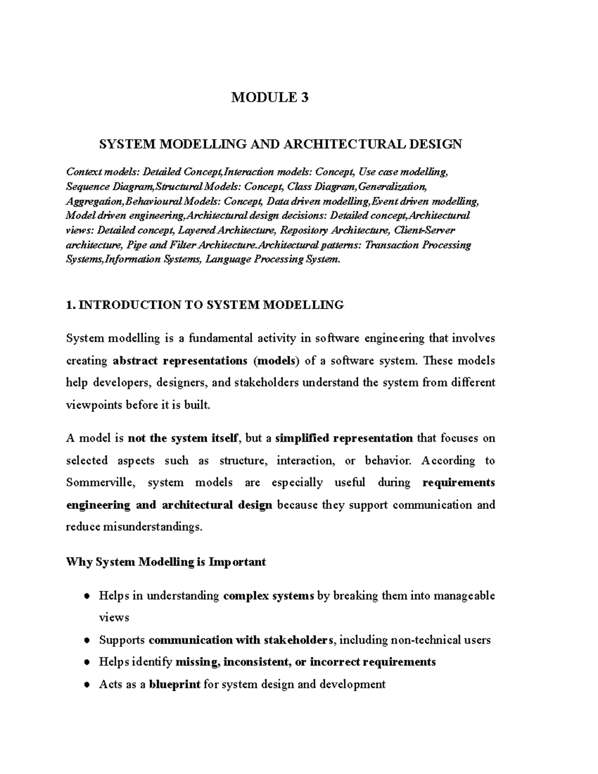 MODULE 3: SYSTEM MODELLING & ARCHITECTURAL DESIGN OVERVIEW - Studocu