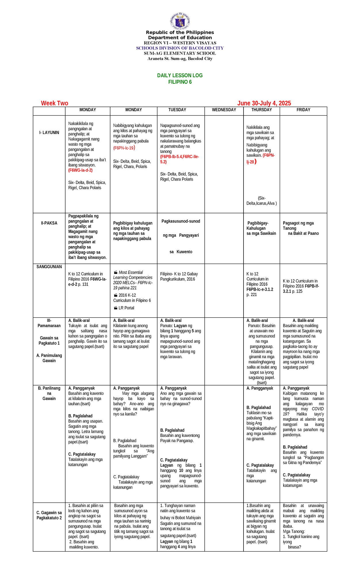 DLL Filipino 6 - Week 2 - Quarter 1 Daily Lesson Log - Studocu