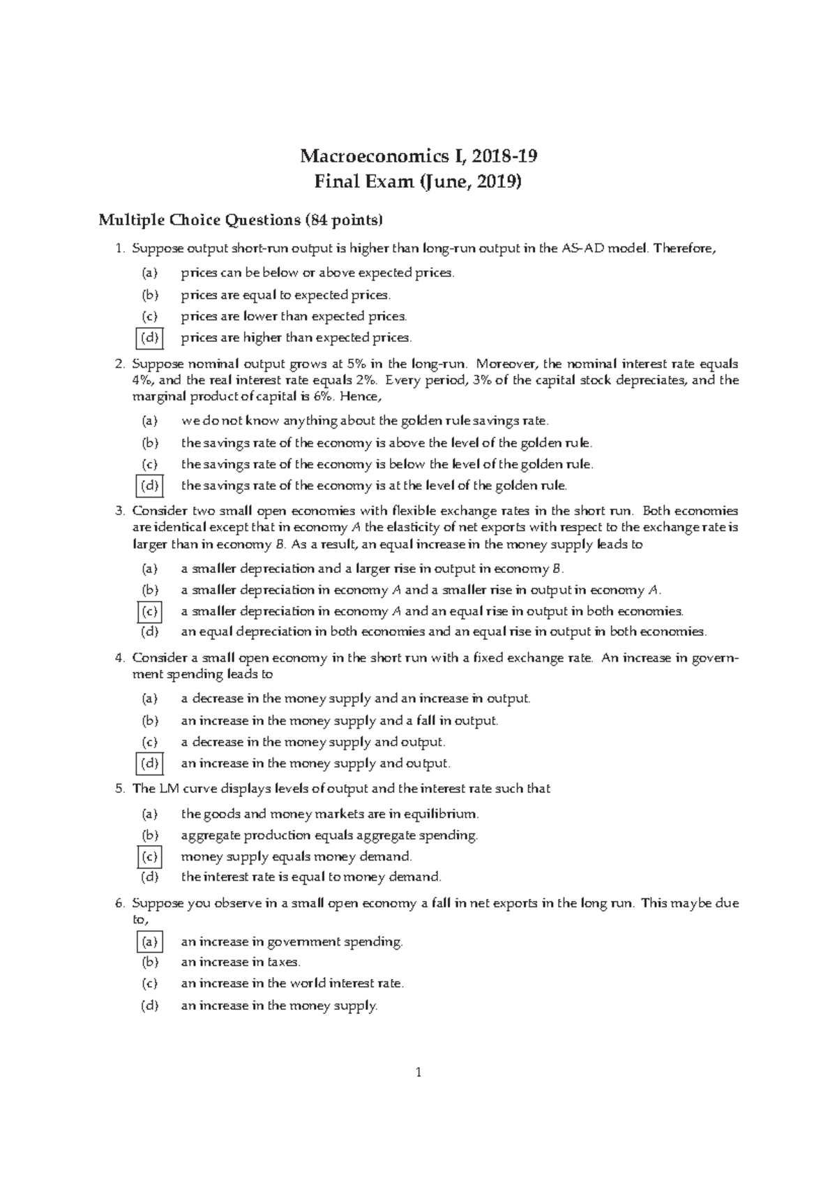Final Exam Macroeconomics I 2019: Multiple Choice Questions - Studocu