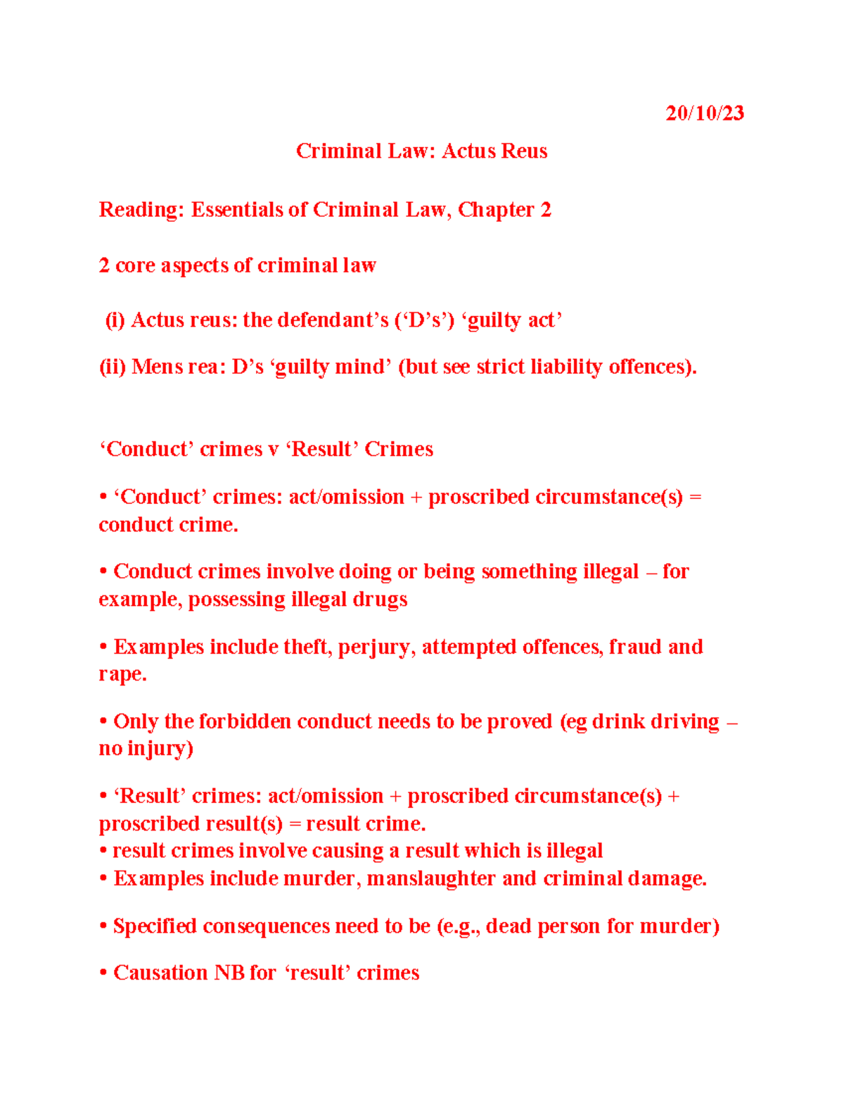 Criminal Law (CL101): Actus Reus - Key Concepts & Case Studies - Studocu