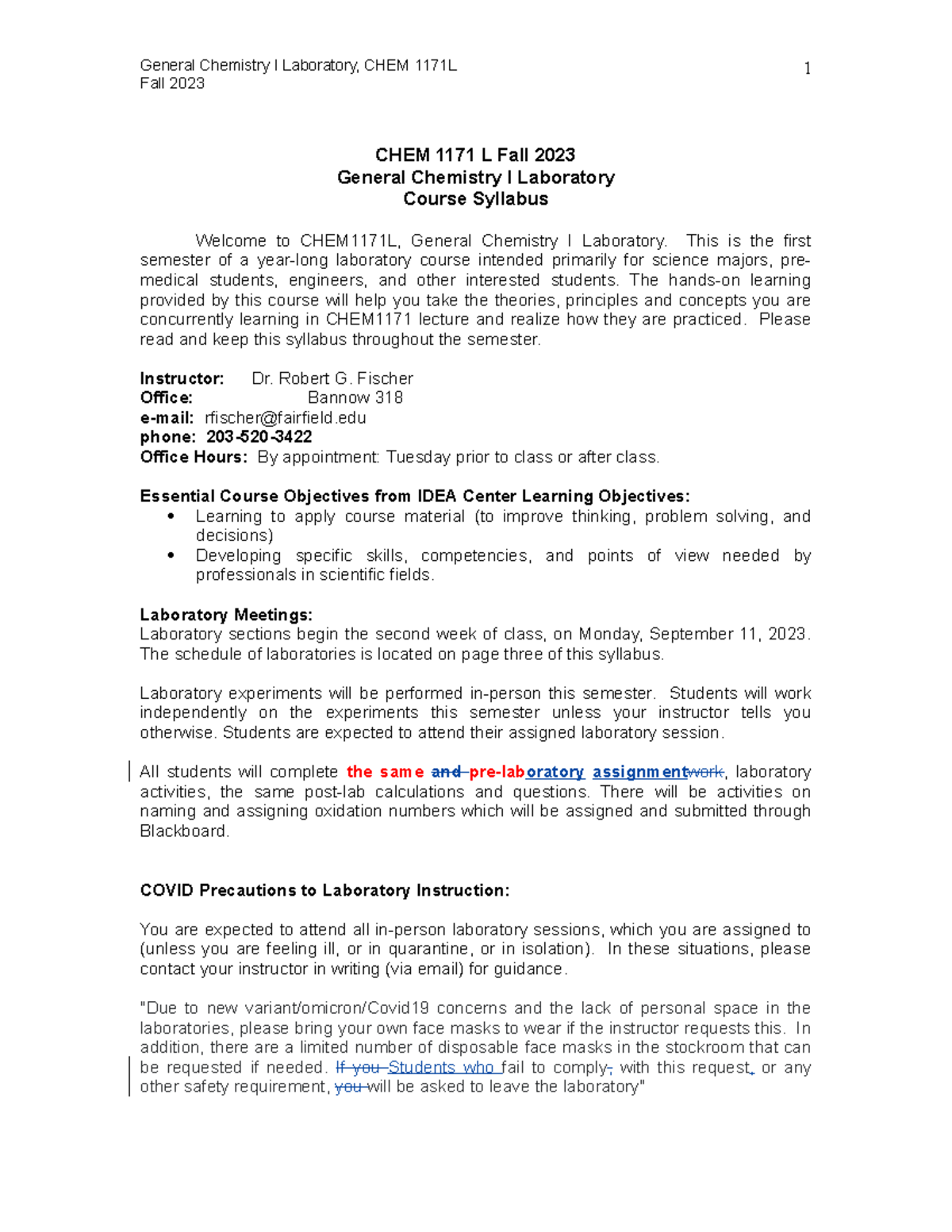 Syllabus for CHEM 1171L - General Chemistry I Lab Fall 2023 - Studocu
