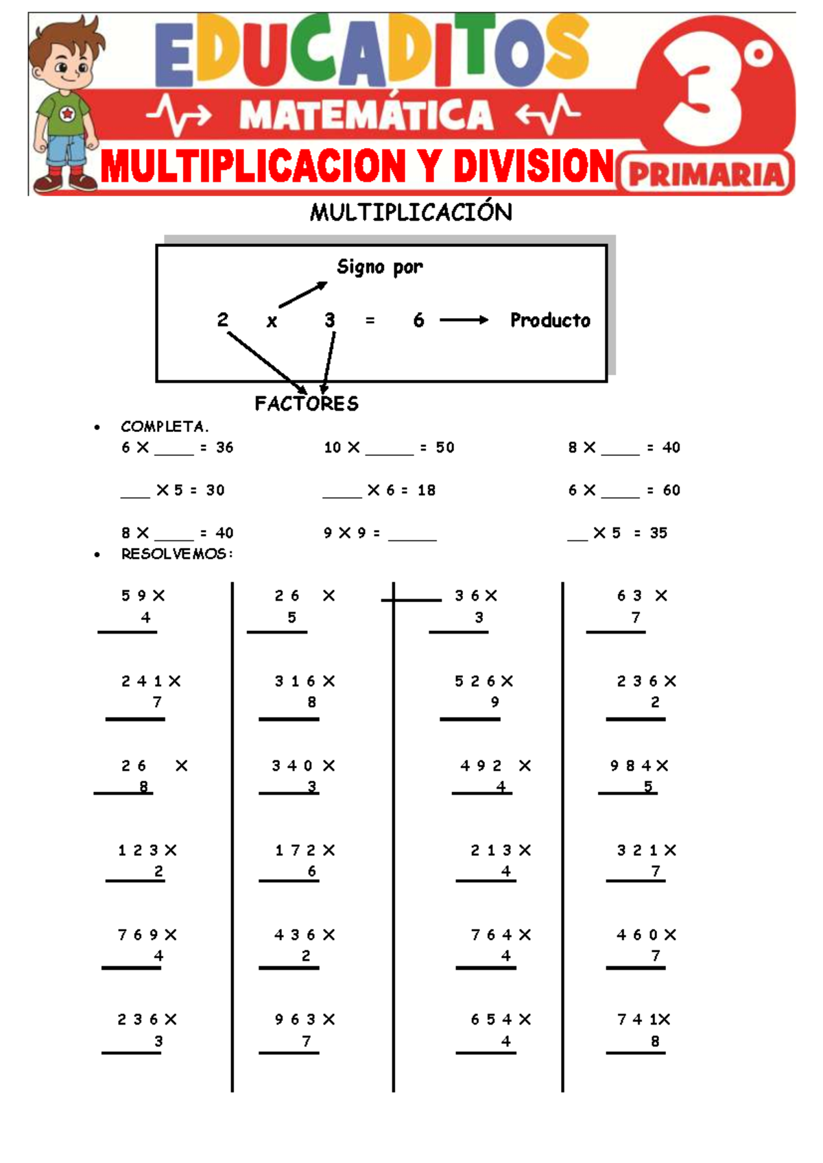 Multiplicación y División: Ejercicios para 3er Grado de Primaria - Document Preview