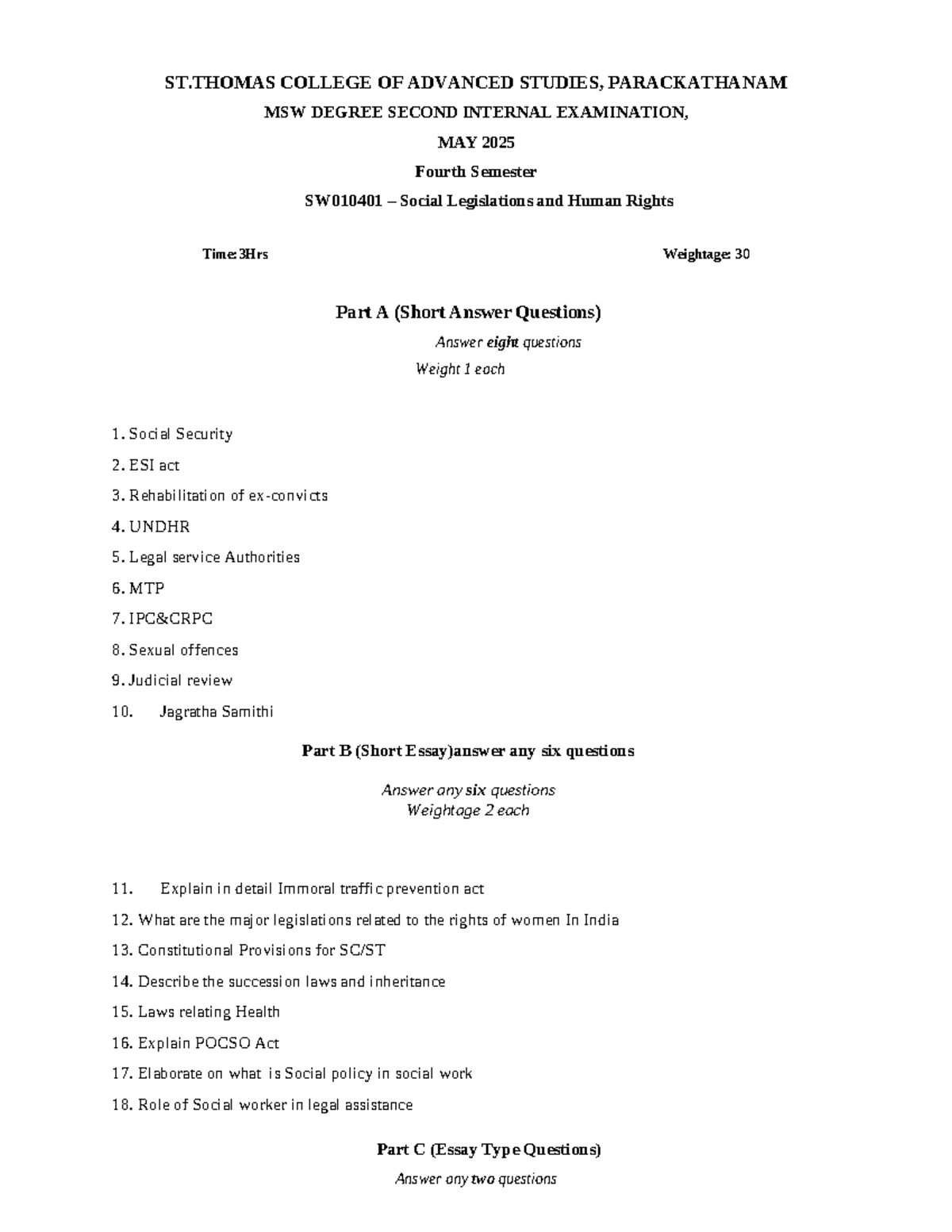 MSW SW010401 2nd Internal Exam QP - Social Legislations & Human Rights ...