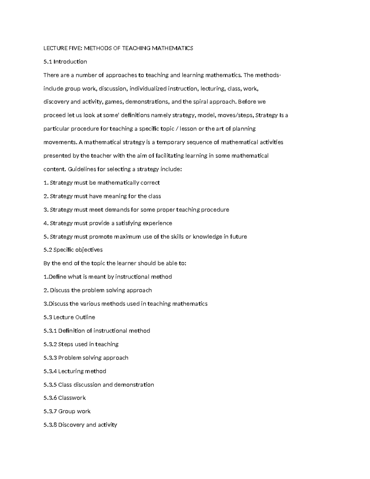 LECTURE 5: METHODS OF TEACHING MATHEMATICS - STRATEGIES & OBJECTIVES ...