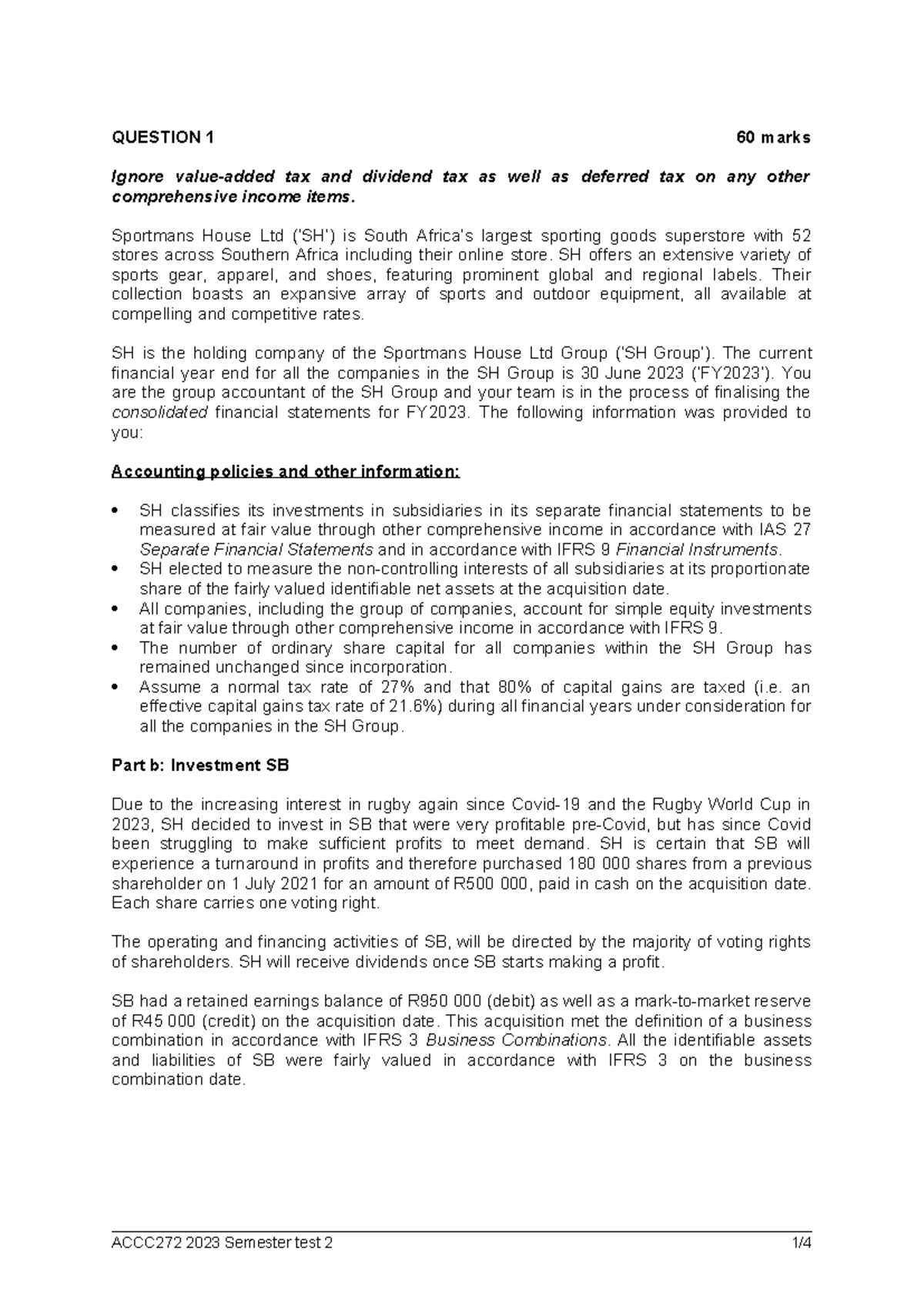 ACCC 272 Semester Test 2: Consolidated Financial Statements Analysis ...