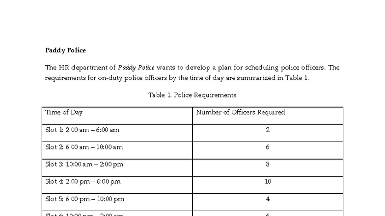 Optimization Caselet: Police Officer Scheduling Plan - Studocu