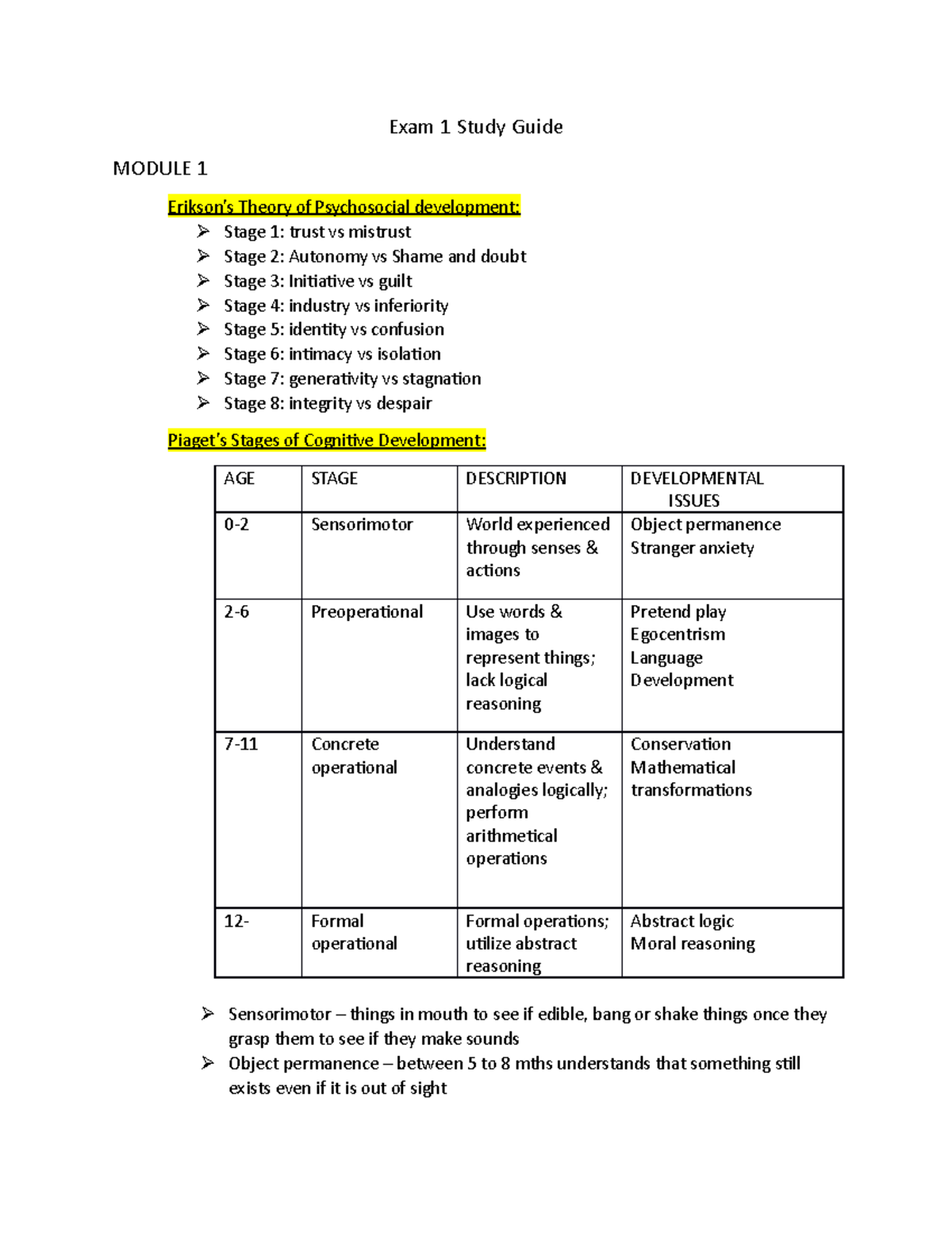 PSYC 101 Exam 1 Study Guide: Key Theories & Developmental Milestones ...