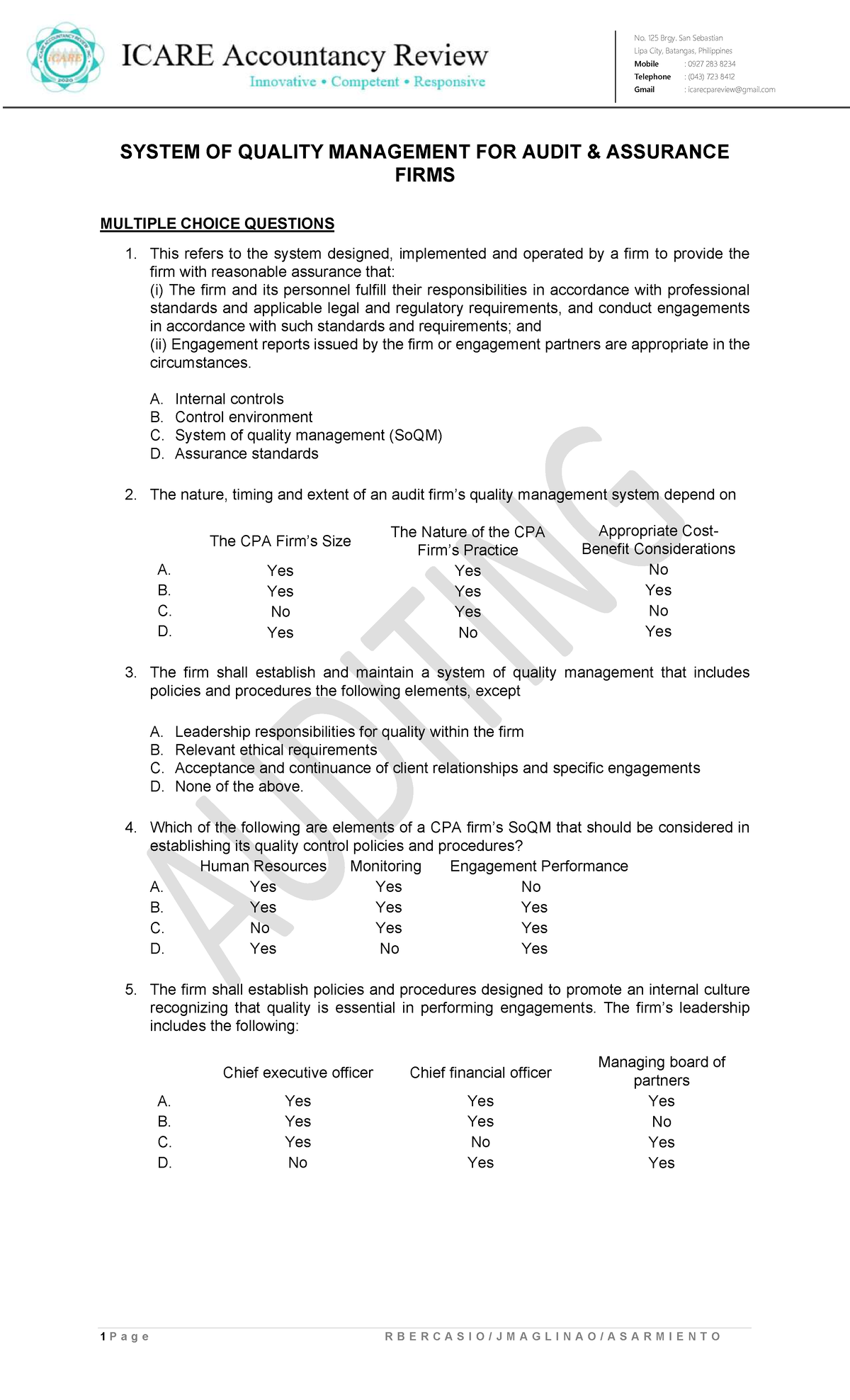 Quality Management System for Audit Assurance Firms: MCQs (AT) - Studocu