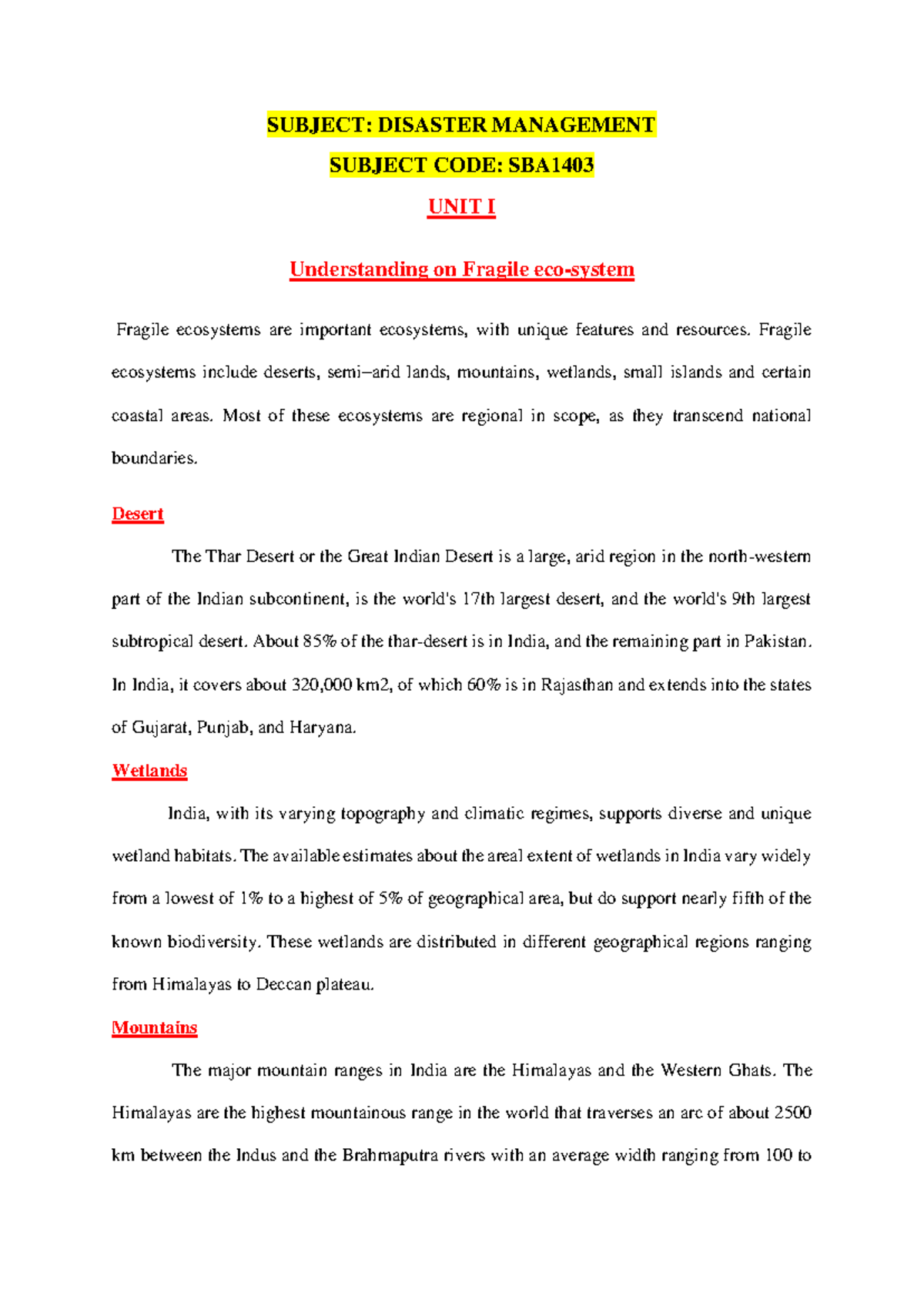 Unit 1 Disaster Management - SUBJECT: DISASTER MANAGEMENT SUBJECT CODE ...