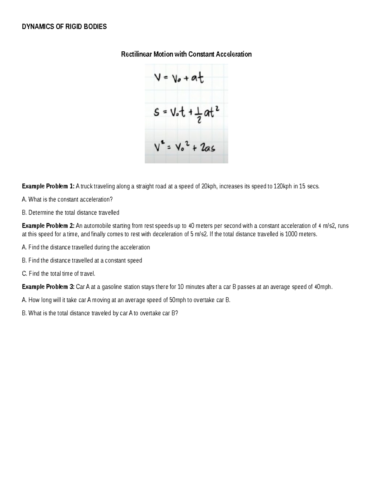 Dynamics of Rigid Bodies: Rectilinear Motion & Acceleration Problems ...