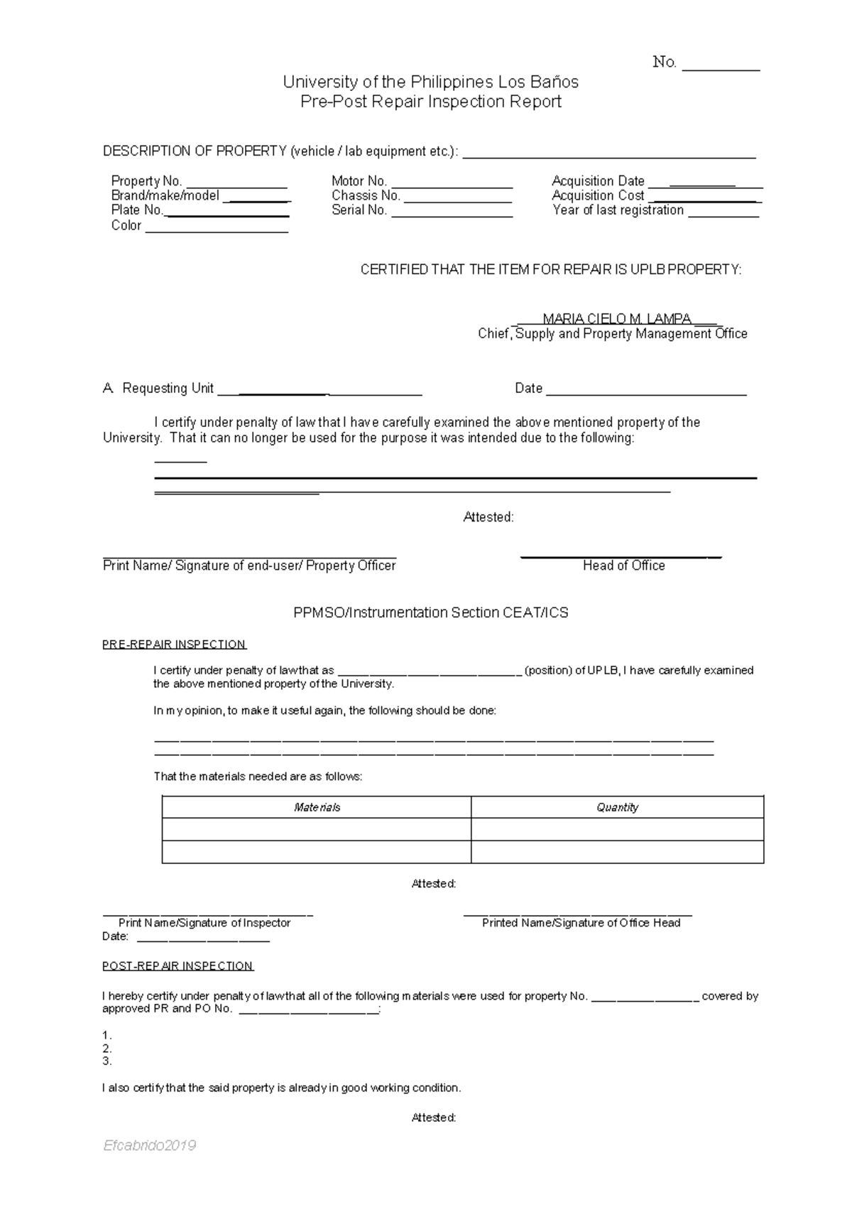 UPLB Pre-Post Repair Inspection Report for Property Management - Studocu