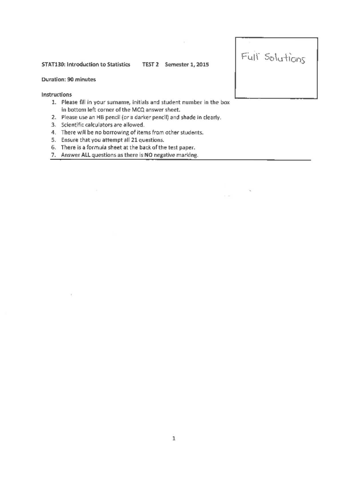 Full Solutions for STAT130: Intro to Statistics Test 2 Practice - Studocu