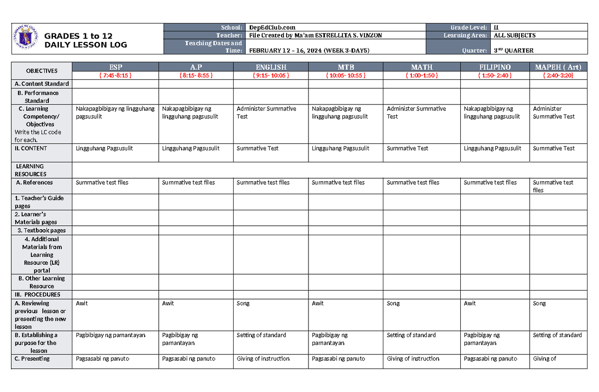 DLL ALL Subjects 2 Q3 W3 D5 17 - GRADES 1 to 12 DAILY LESSON LOG School ...