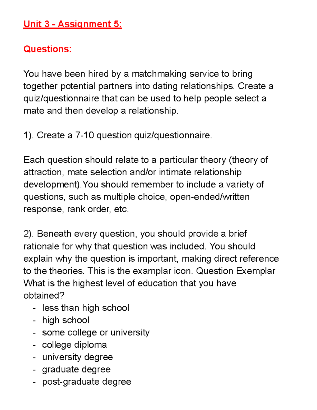 Unit 3 - Assignment 5: Matchmaking Questions & Rationale - Windsor ...