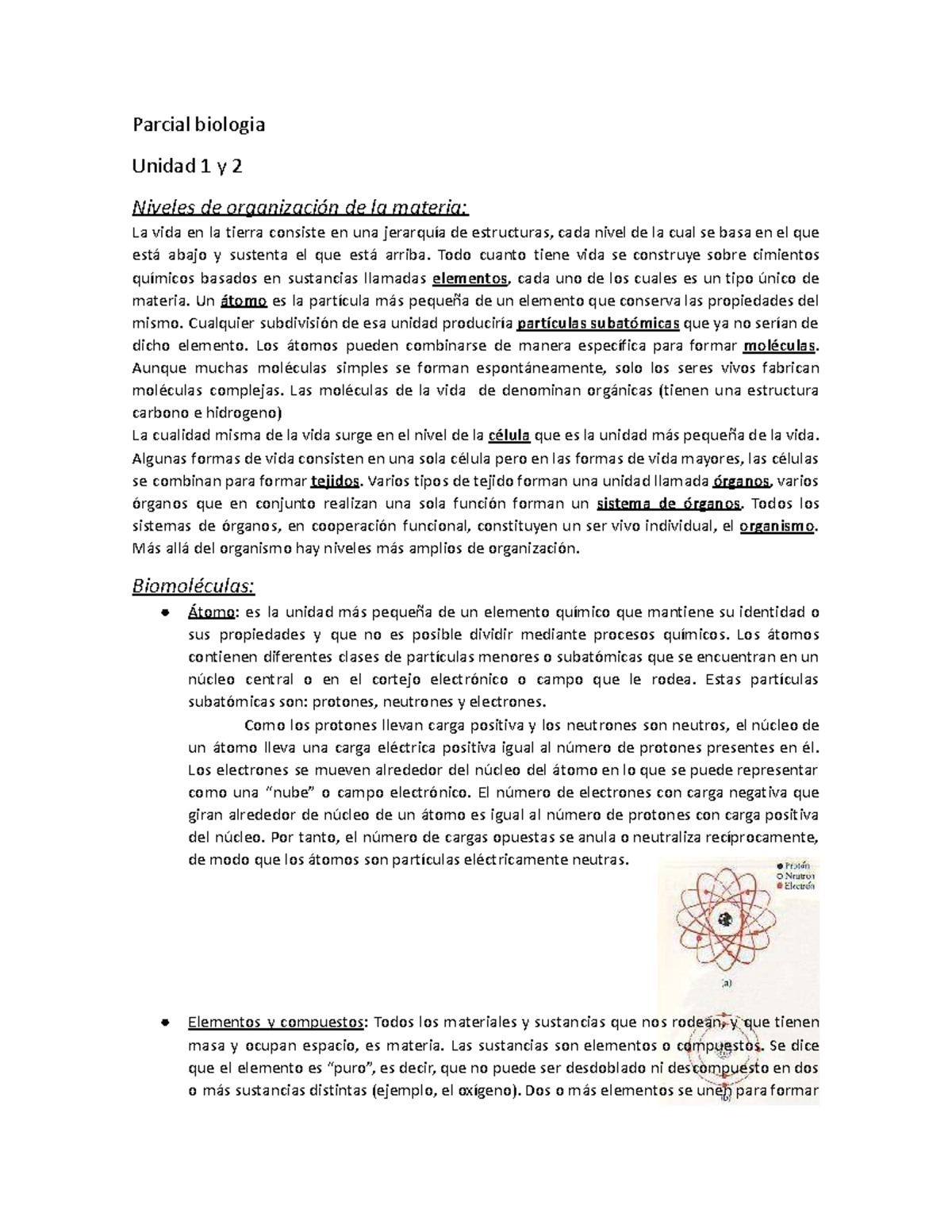 Resumen de Biología Parcial 1 y 2: Niveles de Organización de la ...