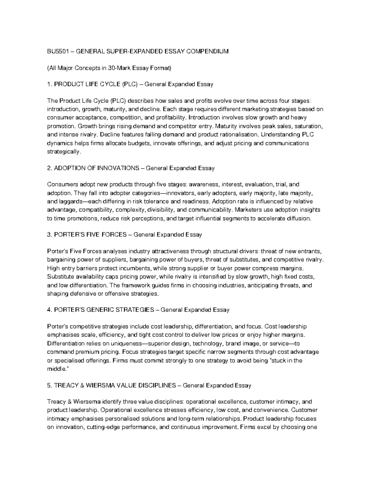 BU5501 General Super Expanded Essays on Key Marketing Concepts - Studocu