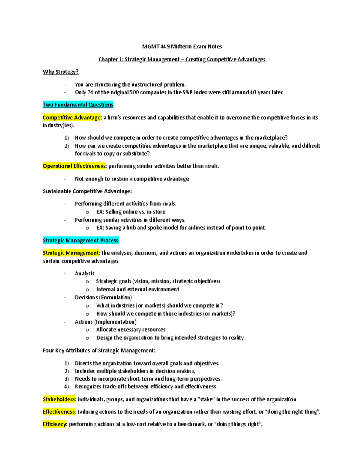 MGMT449 Midterm Exam Study Notes on Strategic Management - Studocu