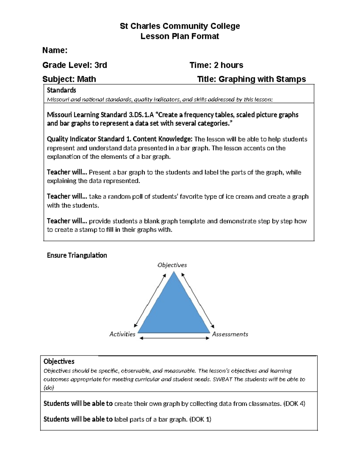 3rd Grade Math Lesson Plan: Graphing with Stamps Activities - Studocu