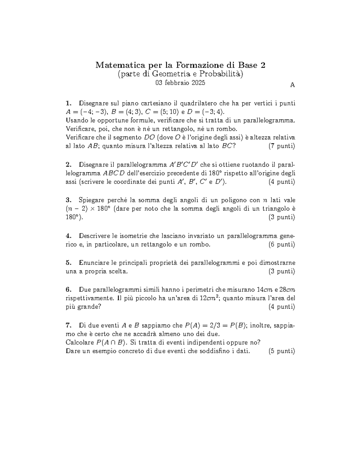 Esame di Matematica per la Formazione di Base 2 - 03 Febbraio 2025 ...