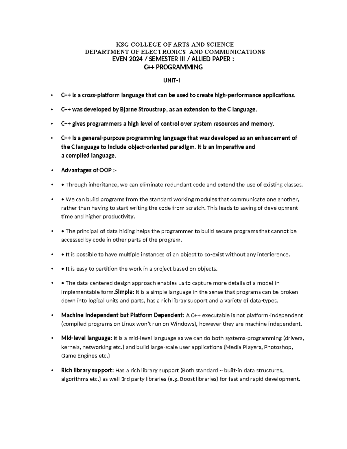 KSG COLLEGE OF ARTS AND SCIENCE CSE 2024 SEMESTER C++ PROGRAMMING NOTES ...