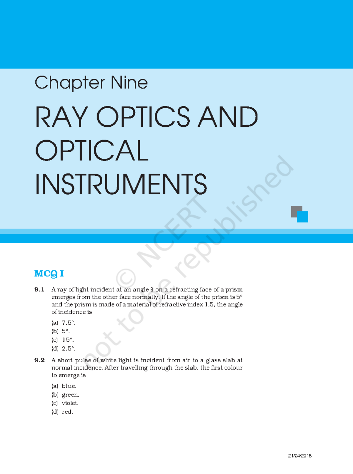 Chapter 9: Ray Optics & Optical Instruments MCQs (P9) - Studocu