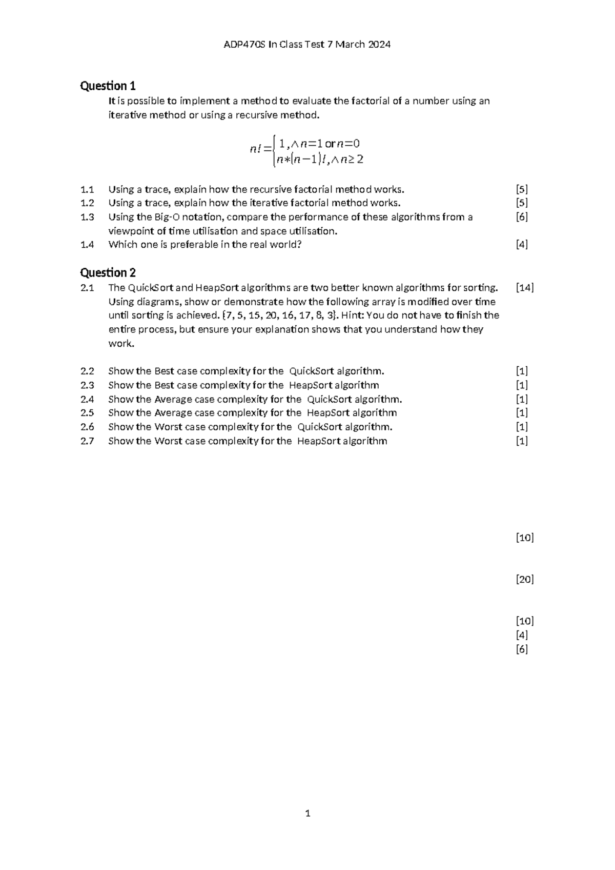 ADP470S In-Class Test: Factorial & Sorting Algorithms Analysis - Studocu