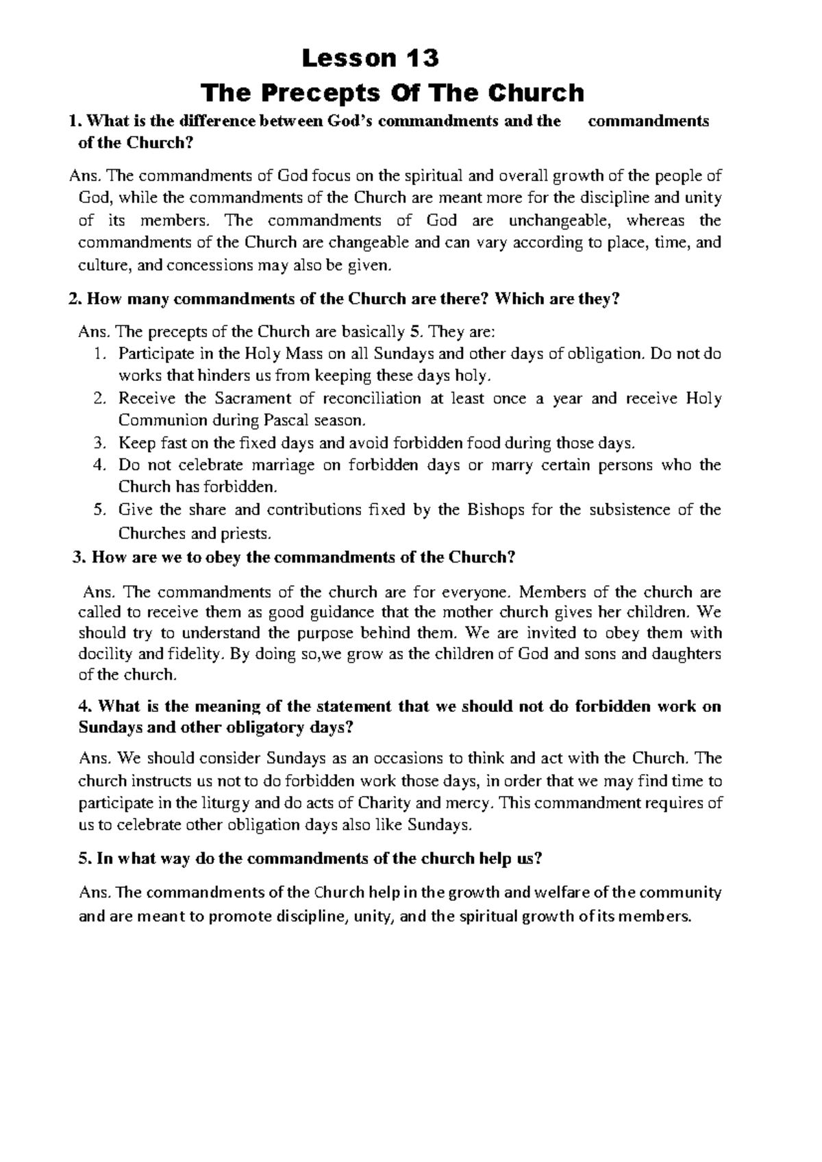 Lesson 13: Understanding the Precepts of the Church - Studocu