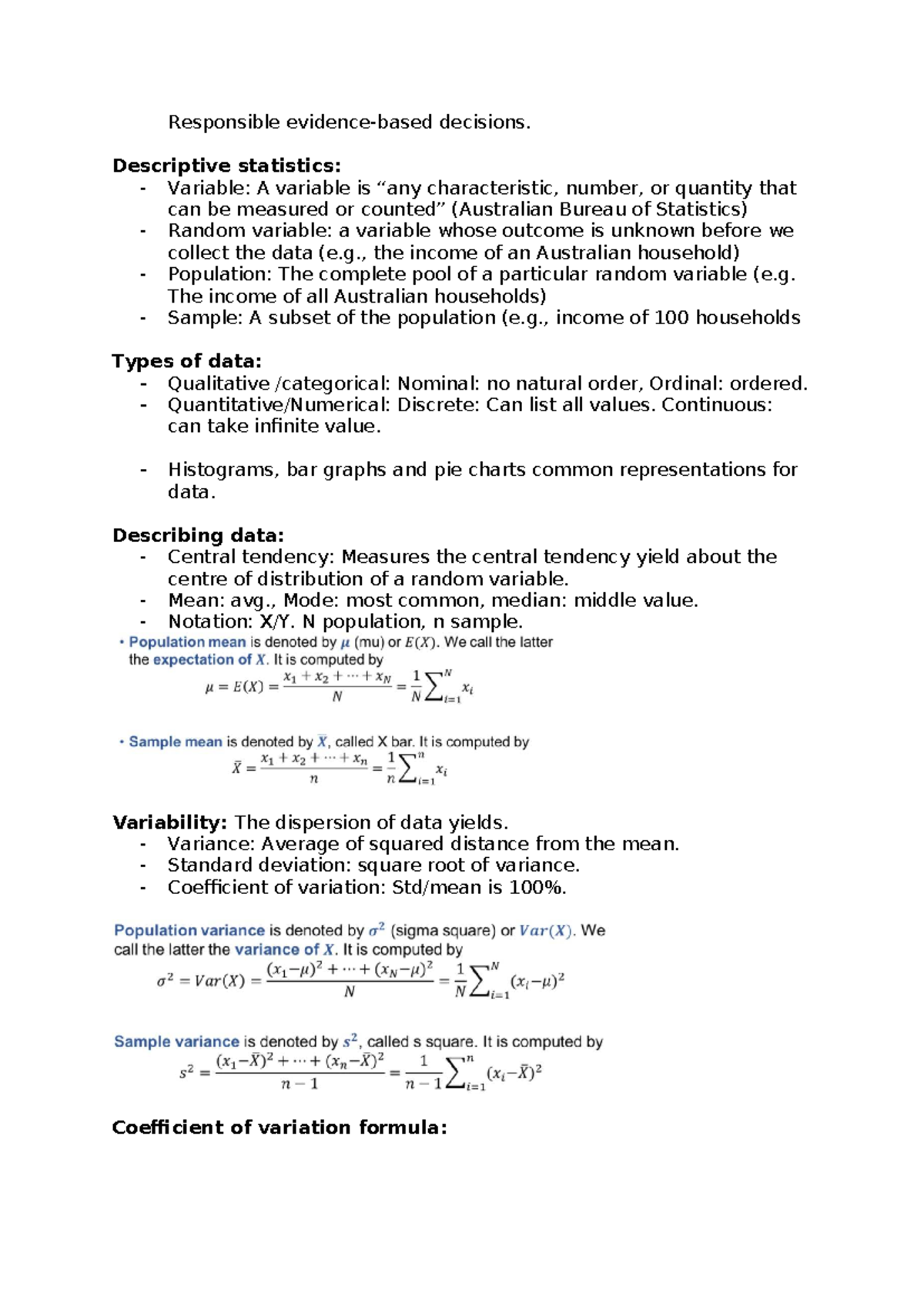 Descriptive Statistics & Hypothesis Testing Notes (STAT101) - Studocu