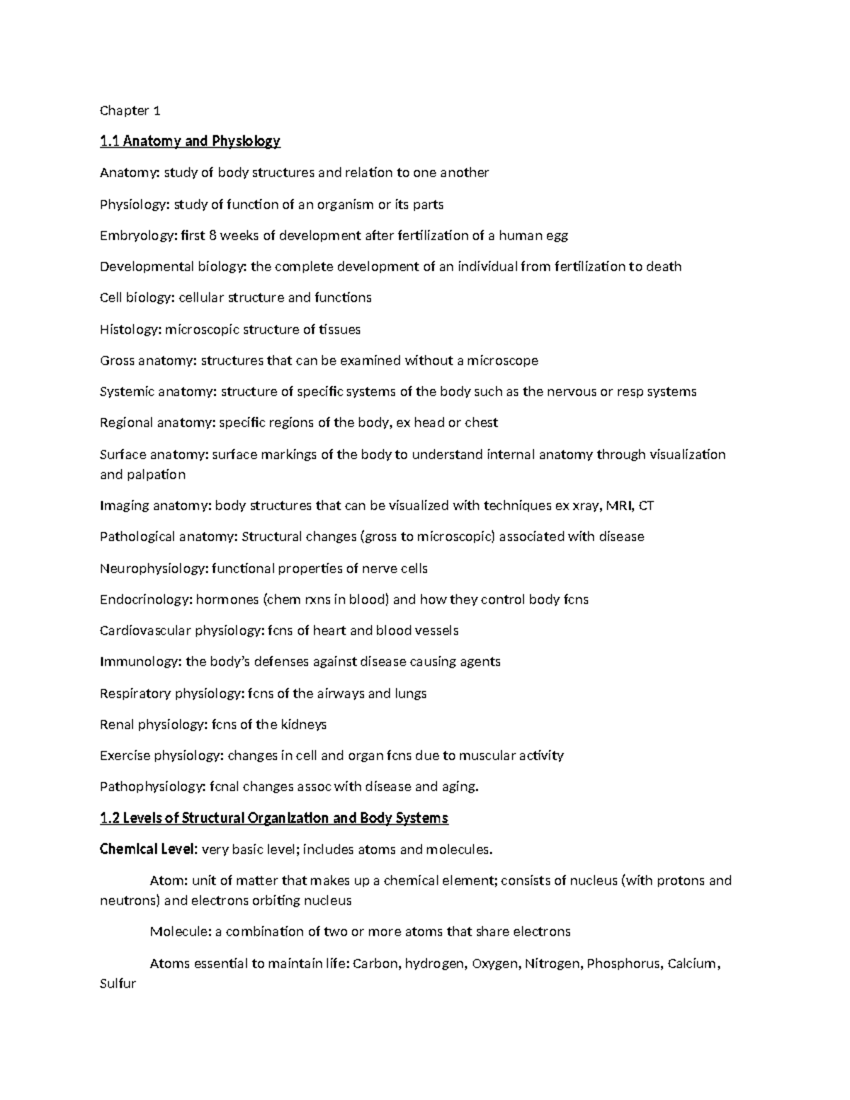 Chapter 1-10 typed notes Biology - Chapter 1 1 Anatomy and Physiology ...