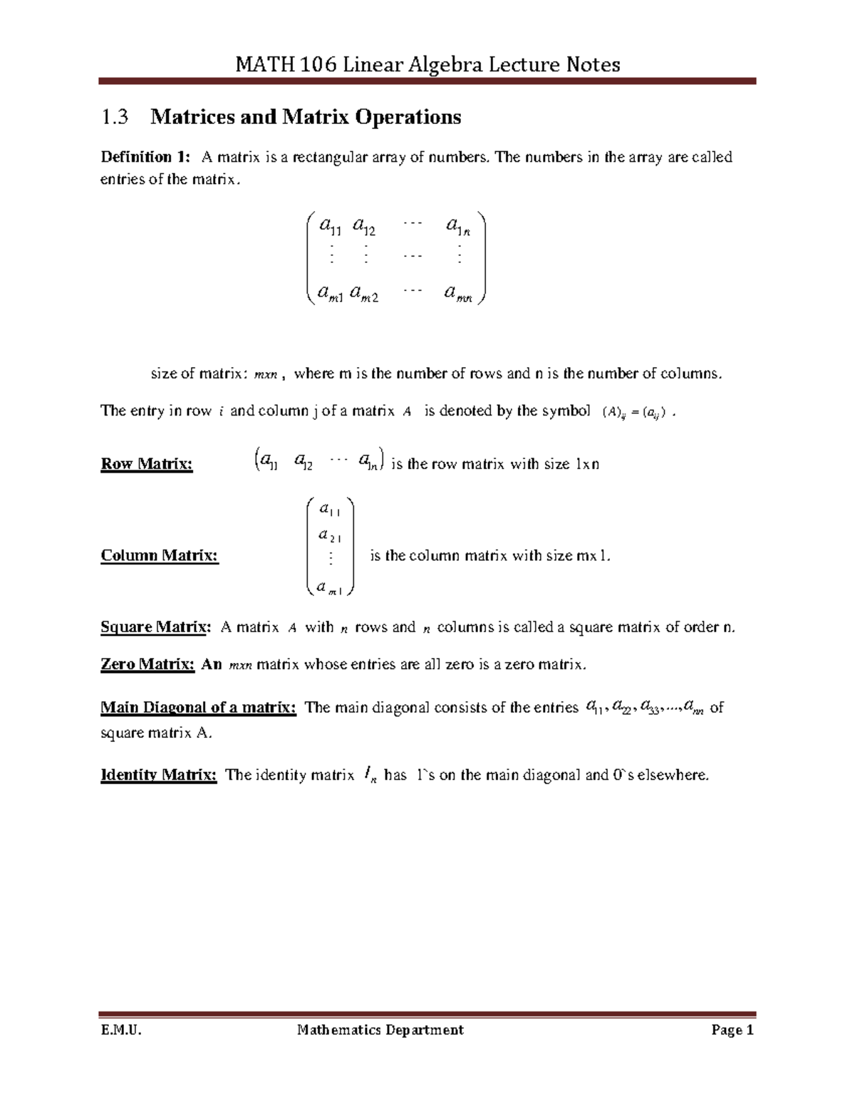 MATH 106 Linear Algebra Lecture Notes: 1.3 Matrices & Operations - Studocu