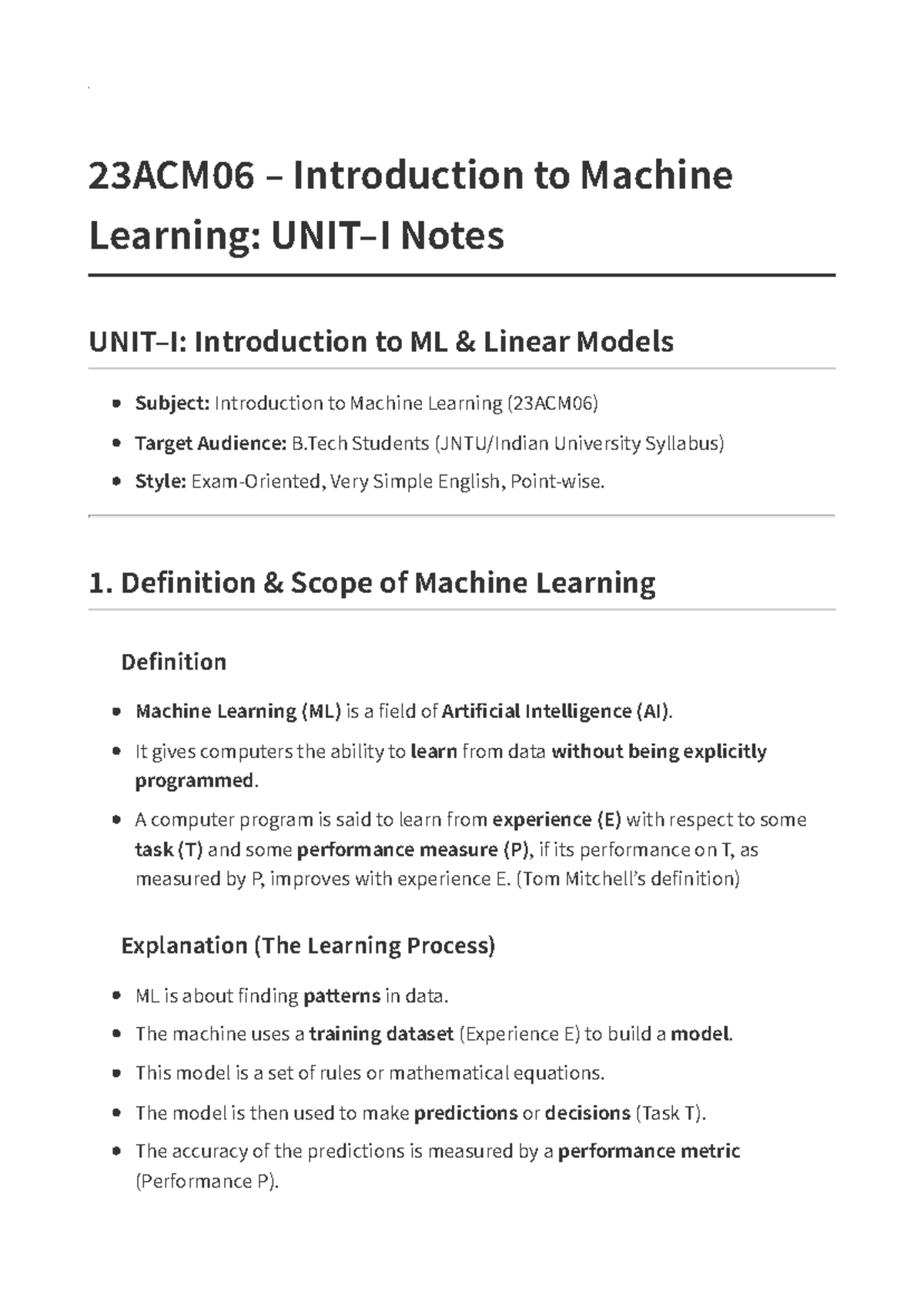 23ACM06 Introduction to Machine Learning: Unit 1 Notes - Studocu