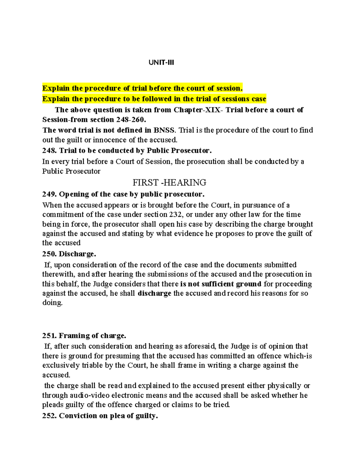 Trial Procedure in Court of Session: BNSS Unit-III B Notes - Studocu