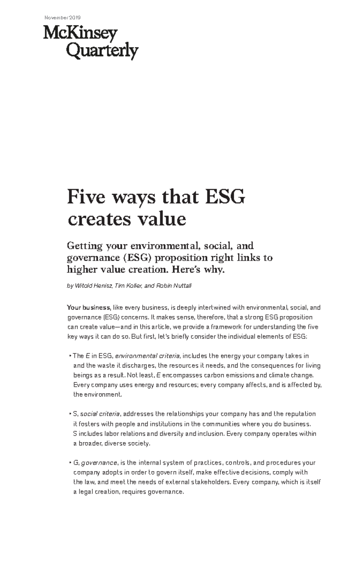 ESG Value Creation: Five Key Drivers of Business Success - Studocu