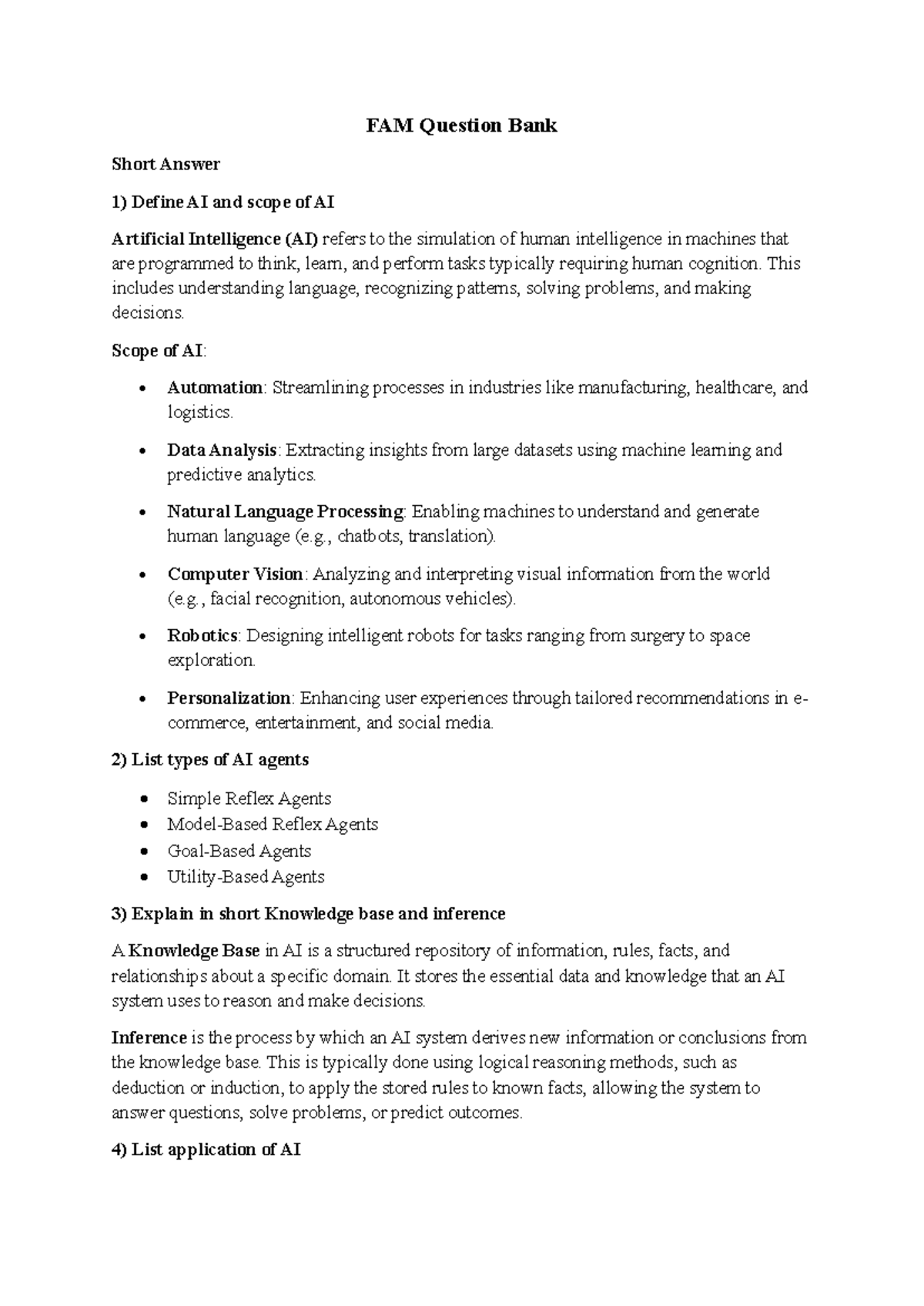 FAM Question Bank - fam - FAM Question Bank Short Answer Define AI and ...