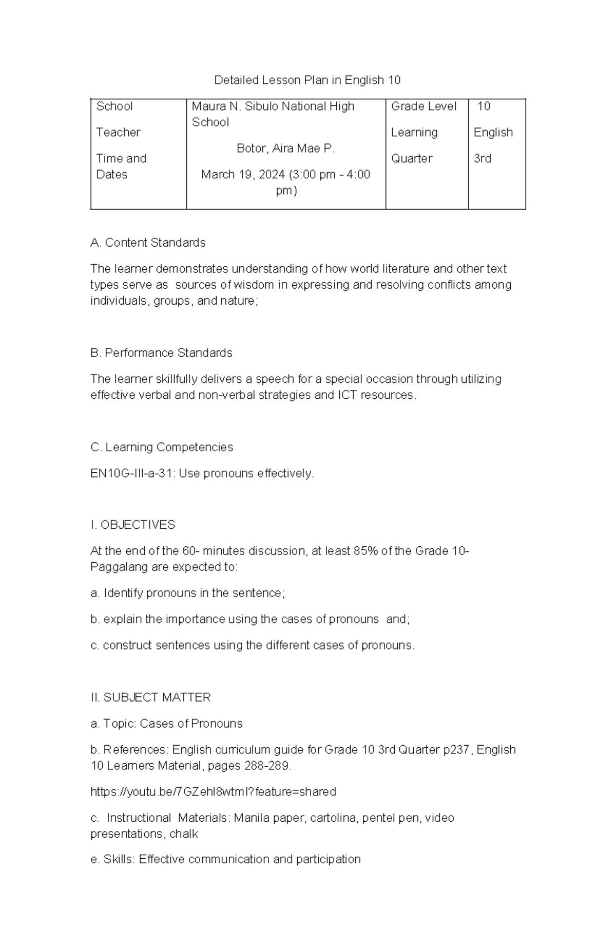 DLP- Cases of Pronouns for English 10 Lesson Plan - Studocu