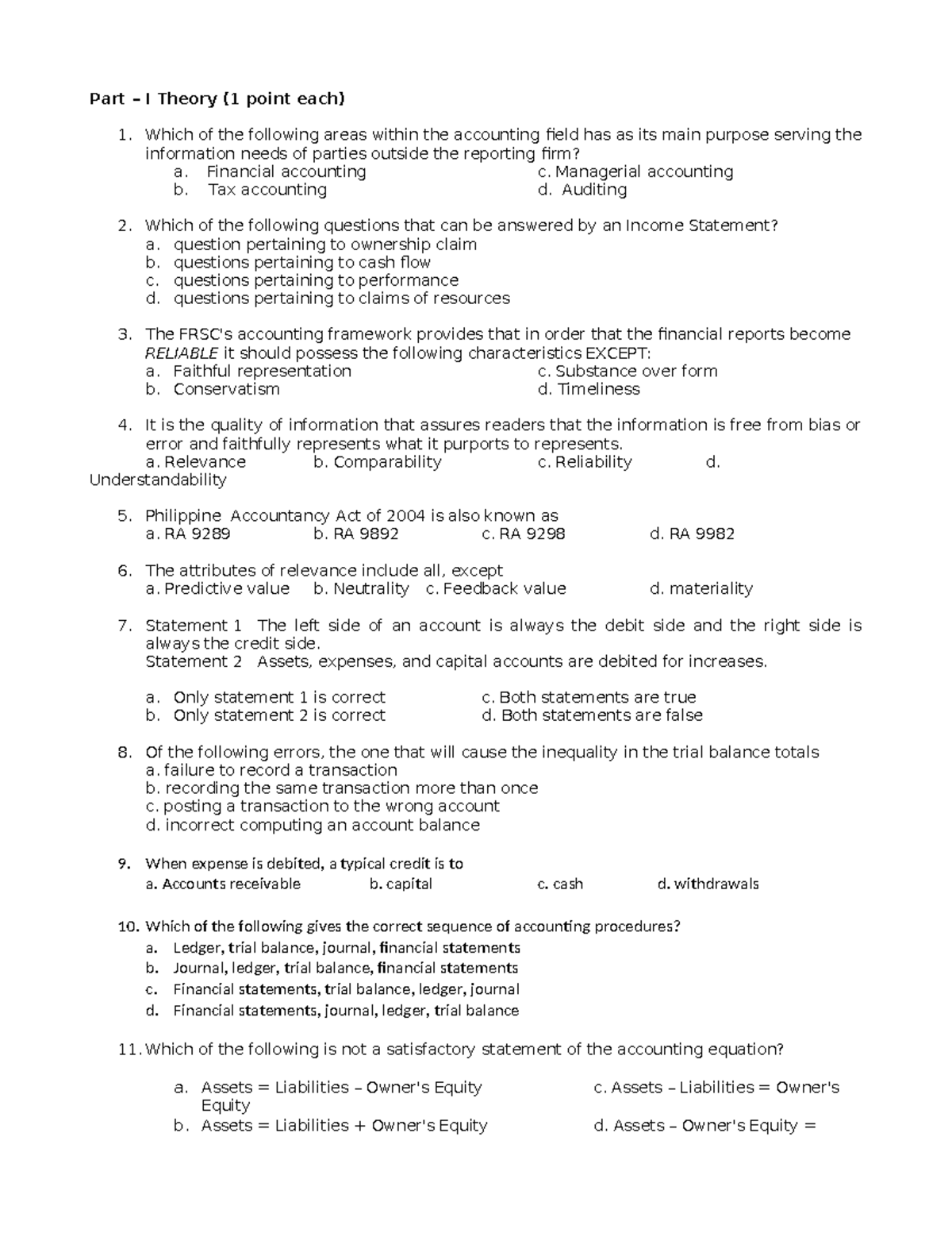 Basic Accounting Theory and Practice (ACC 101) - Part I Exam Questions ...