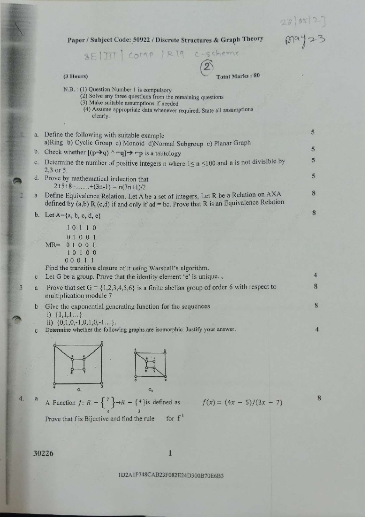 Title: COMP 50922 Discrete Structures Graph Theory - Question Paper May ...