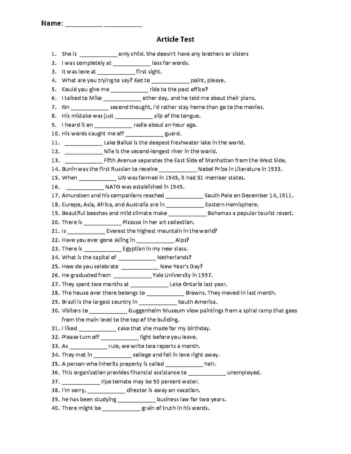 Article Test - Name: ____________ ____________ Article Test She is ...