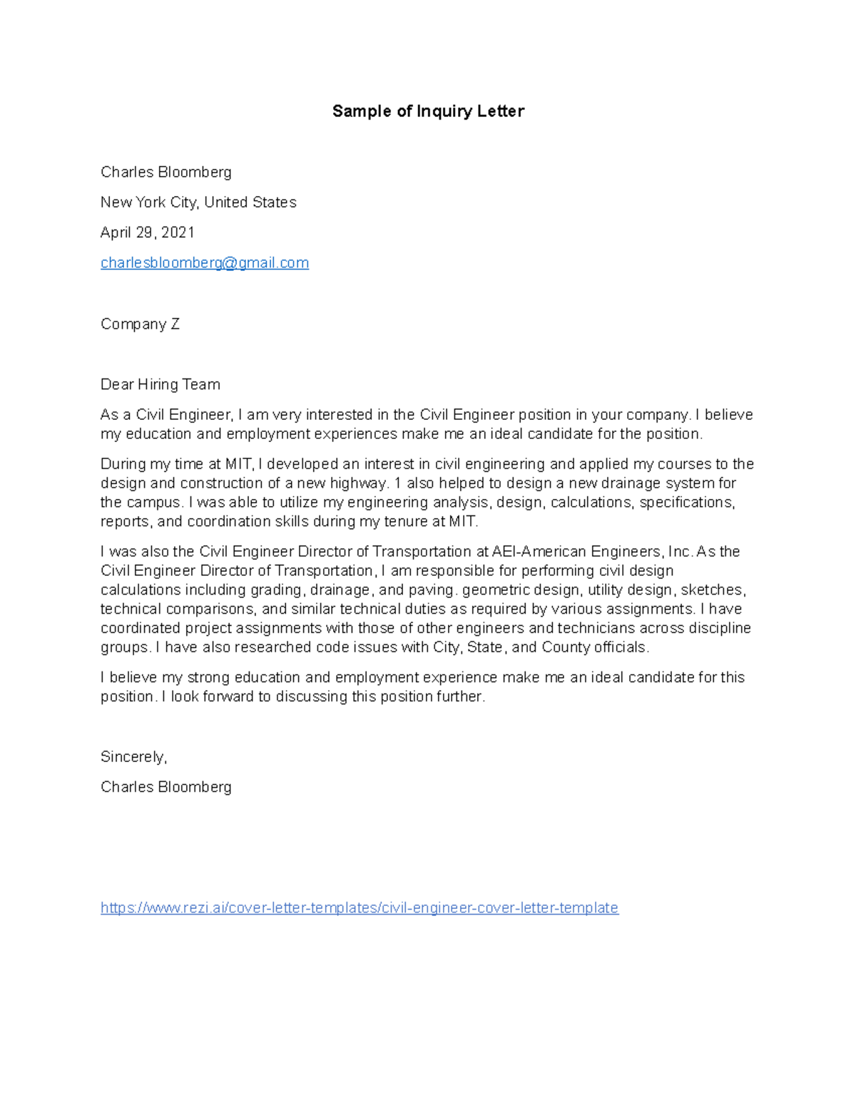 Civil Engineering Inquiry Letter Sample for Job Application - Studocu